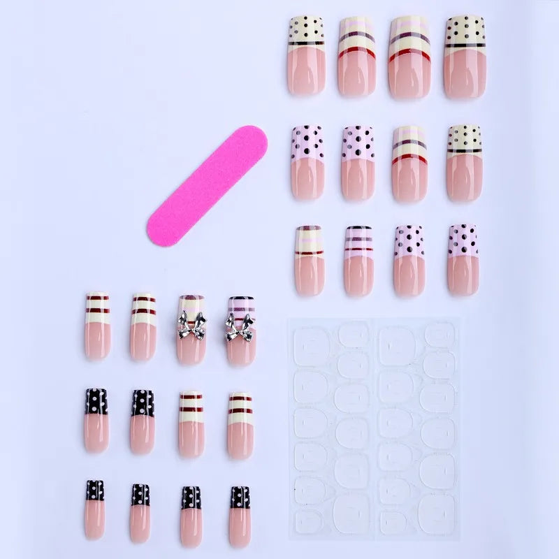 24PCS Y2k Yellow French Press on Nails Pink Stripes Medium Coffin 3D Bowknot Fake Nails Sweet Polka Dot Square Wearable Nail Tip