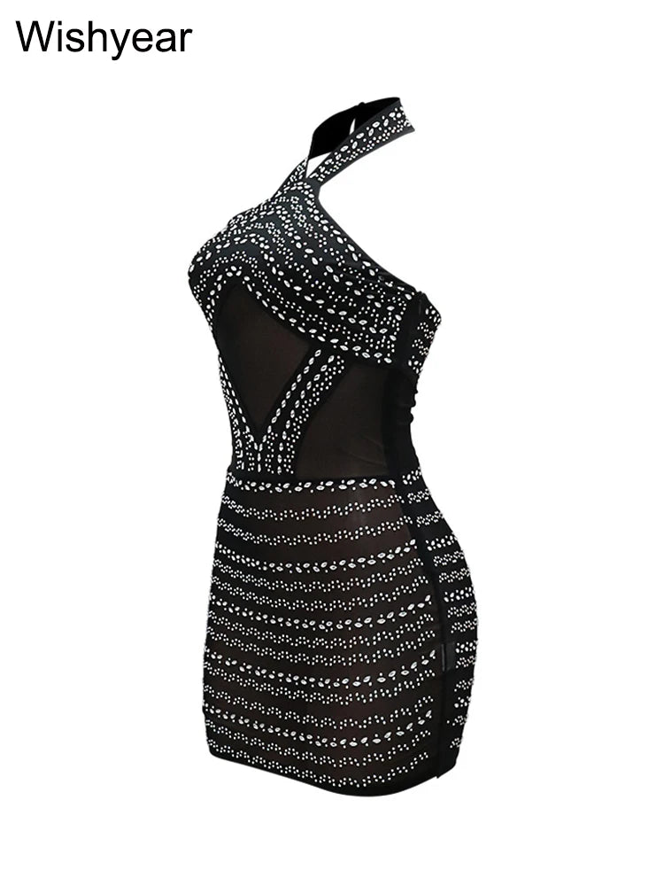 Sexy Halter Backless Sleeve Bodycon Mini Dress Black Sheer Mesh Rhinestone Party Birthday Summer Night Club Women Prom Vestidos