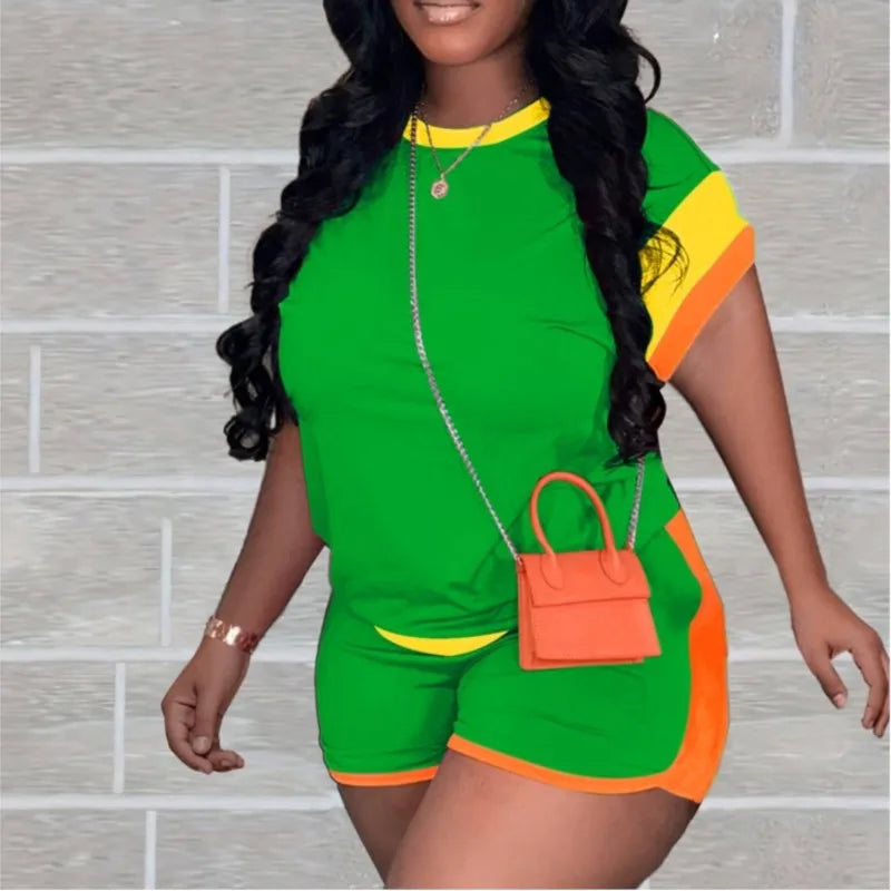 New Patchwork Casual Sporty 2 Piece Sets Women 2025 Summer Trend O-Neck Short Sleeve Tops And Shorts Matching Fitness Tracksuits