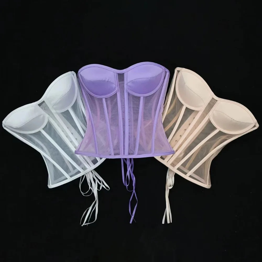 Women Corset Bustier With Bra Transparent Mesh Bodices For Wedding Body Shaper Slimm Waist Lace Up Boned Strapless Tube Tops