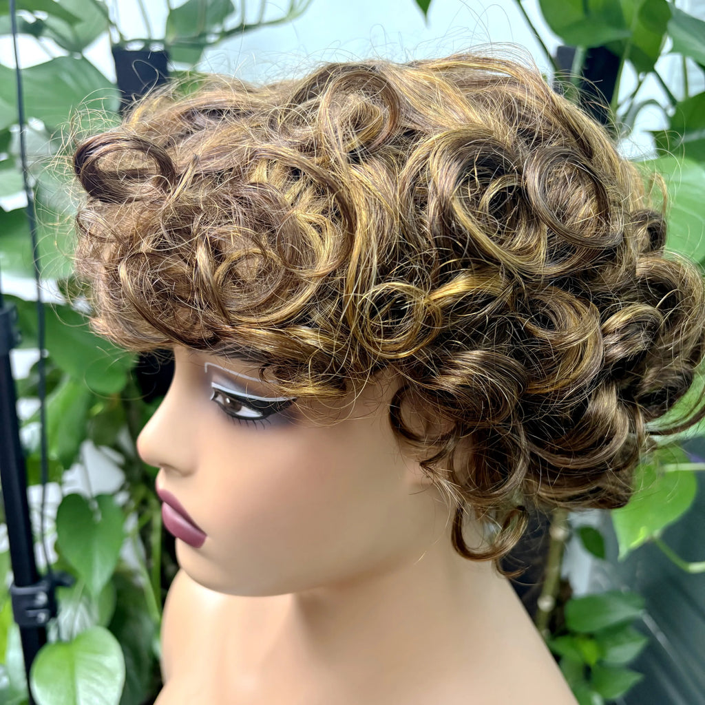 Full Machine Made Loose Wavy Bob Wig Human Hair Wigs 220% Short Colored Bouncy Curly Gluelesss Human Hair Wigs with Bangs