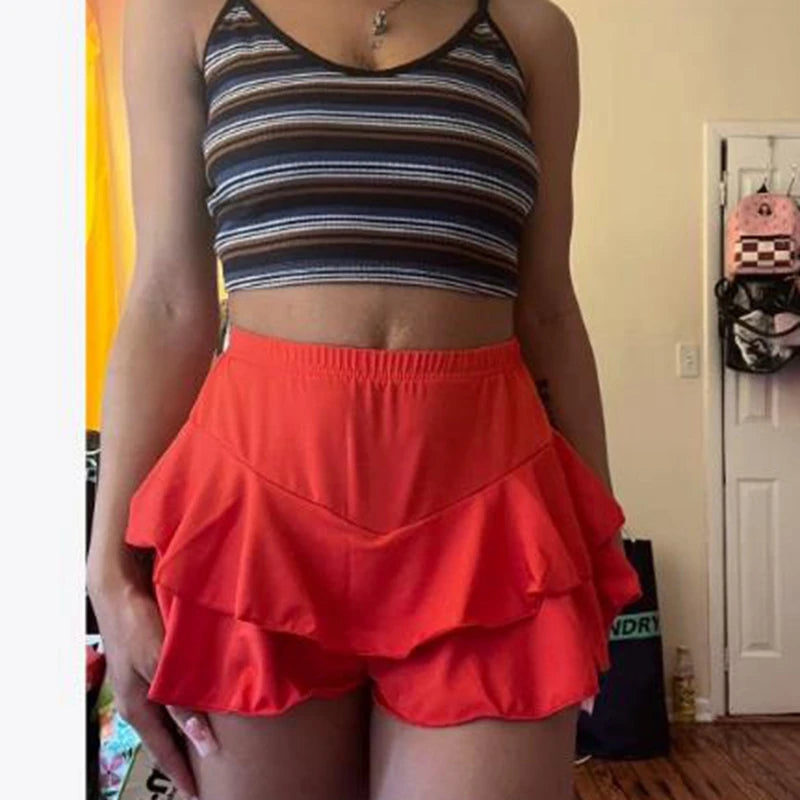 Women Mini Ruffle Flare Shorts Casual Solid Color Elastic High Waist Layered Tiered Wide Leg Shorts Summer Streetwear