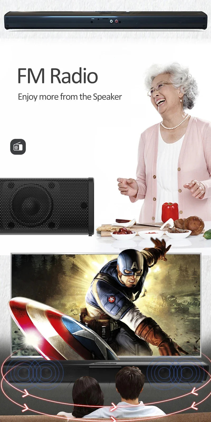 Super Powerful Sound Bar Portable Wireless Bluetooth Speaker Surround Stereo Home TV Sound Box Subwoofer FM Radio caixa de som