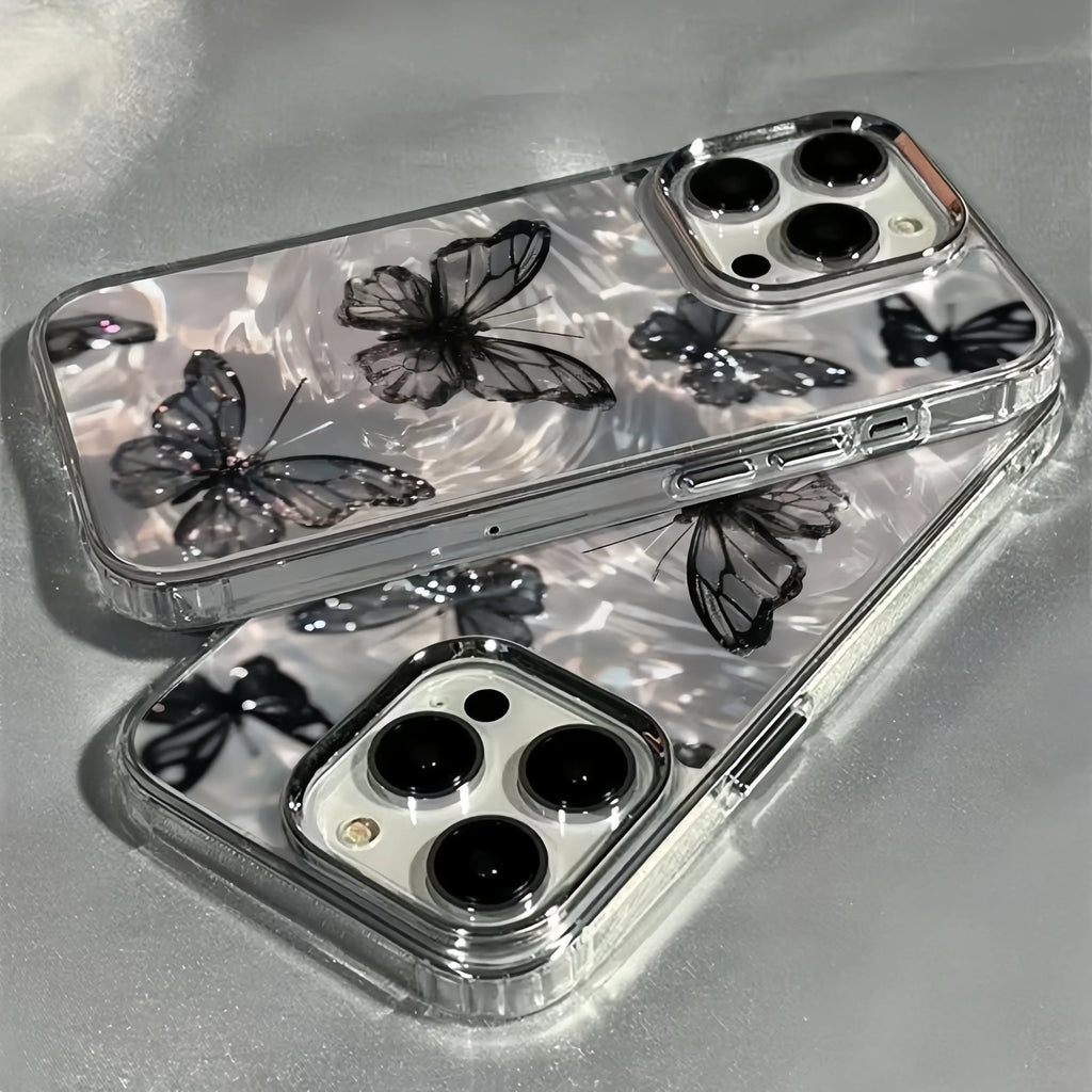 Elegant Black Butterfly Metal Frame Transparent Phone Case For iPhone 17 16 15 14 13 12 11 Pro Max Plus Air 16E Soft Clear Cover