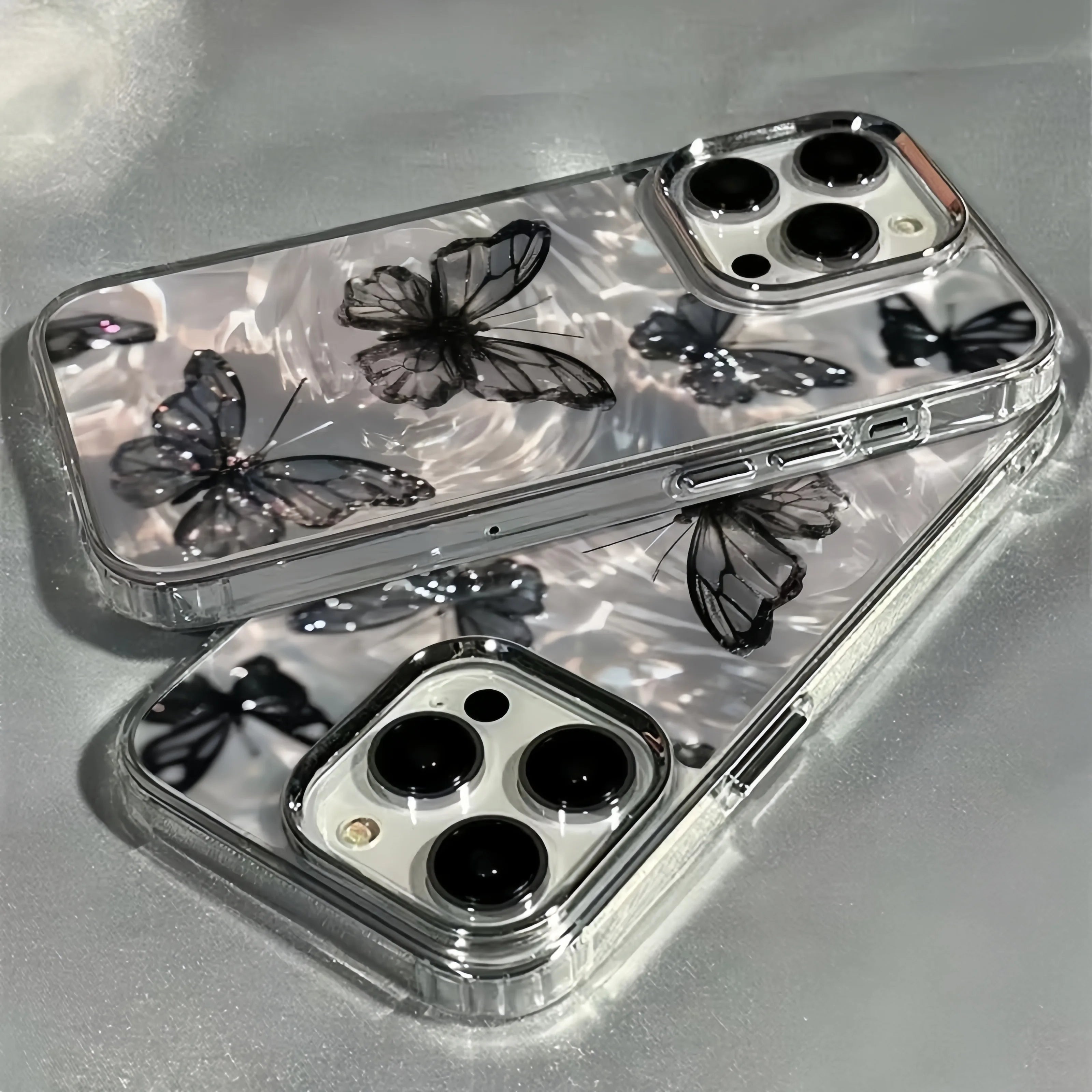 Elegant Black Butterfly Metal Frame Transparent Phone Case For iPhone 17 16 15 14 13 12 11 Pro Max Plus Air 16E Soft Clear Cover
