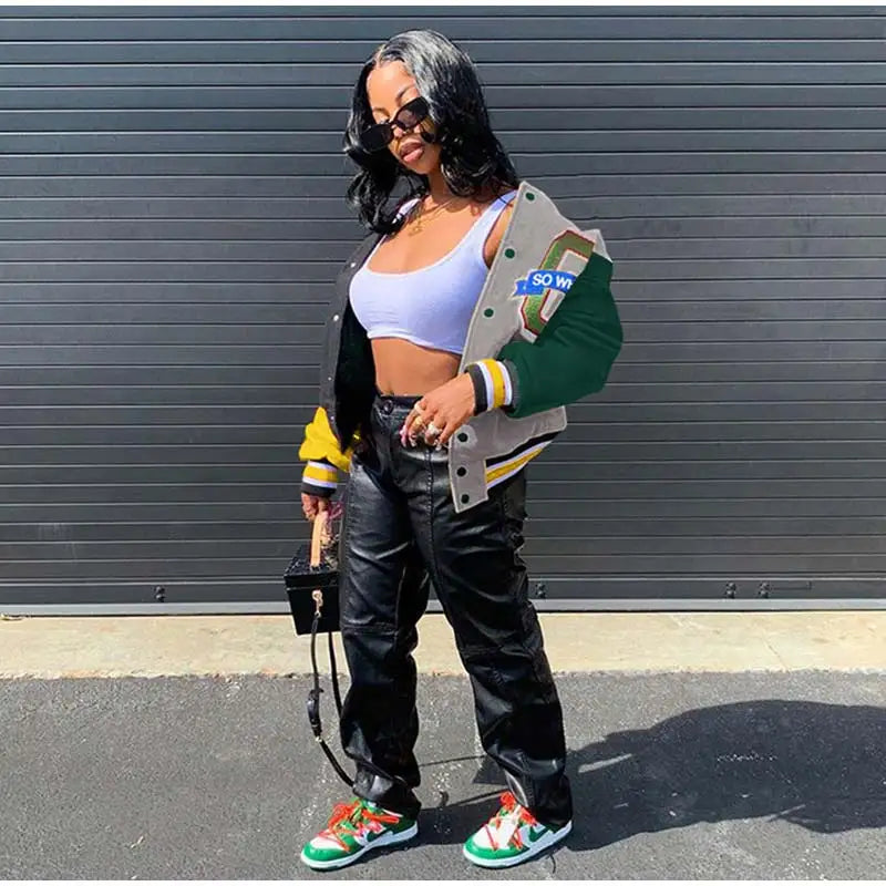 Women Patchwork Contrast Color Letter Embroidery Jackets 2025 Fashion Single Breasted Coat Female Full Sleeve Streetwear XS-4XL