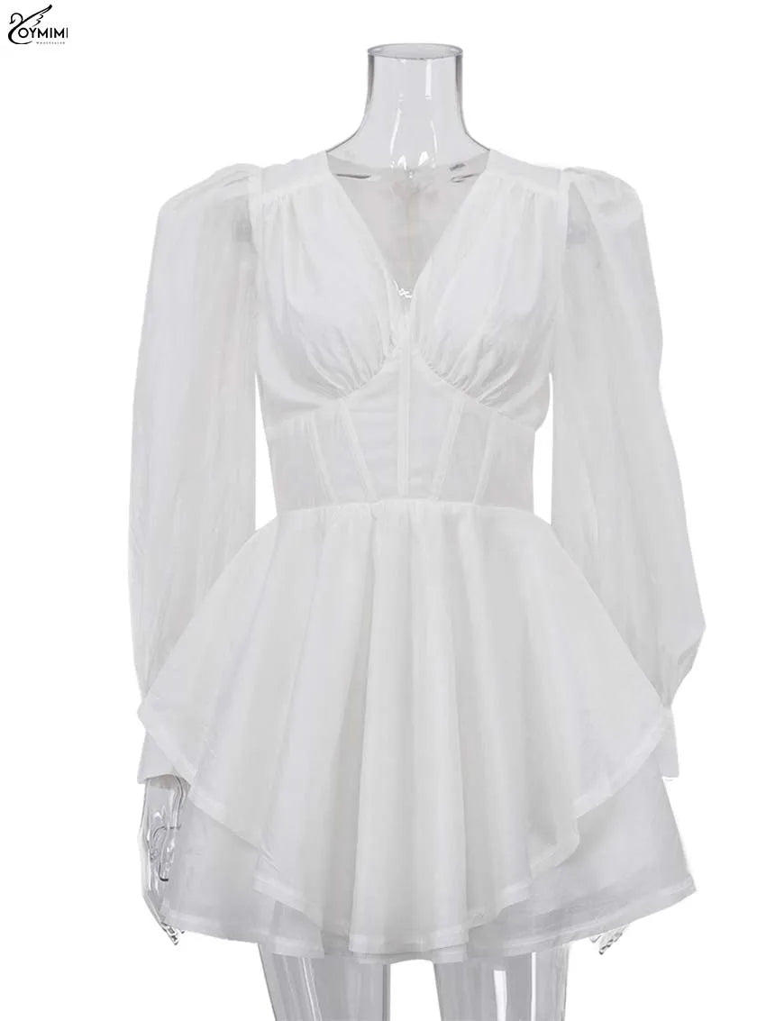Oymimi Women's White Mini Dress 2026 Spring Deep V-Neck Puff Sleeve Corset Tiered Ruffle Sheer Casual Party Fashion Trendy Wear