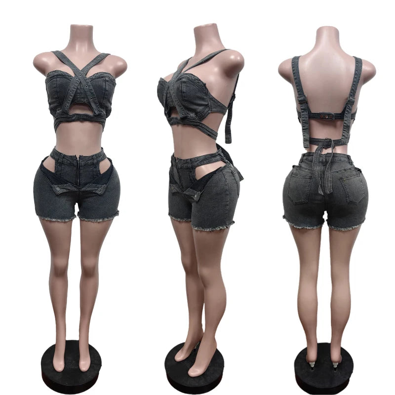 Sexy Jean Women Short Sets Straps Denim Crop Top and Cut Out Shorts Set 2025 Summer Clothes Streetwear Two 2 Piece Club Outfits