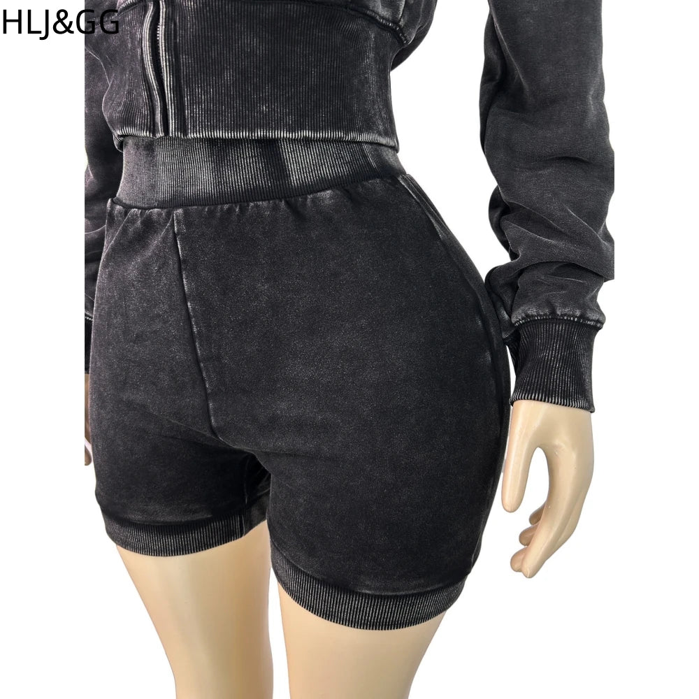 HLJ&GG High Quality Washed Casual Zip Hooded Two Piece Sets Women Long Sleeve Top+Biker Shorts Outfits Fashion Sporty Streetwear