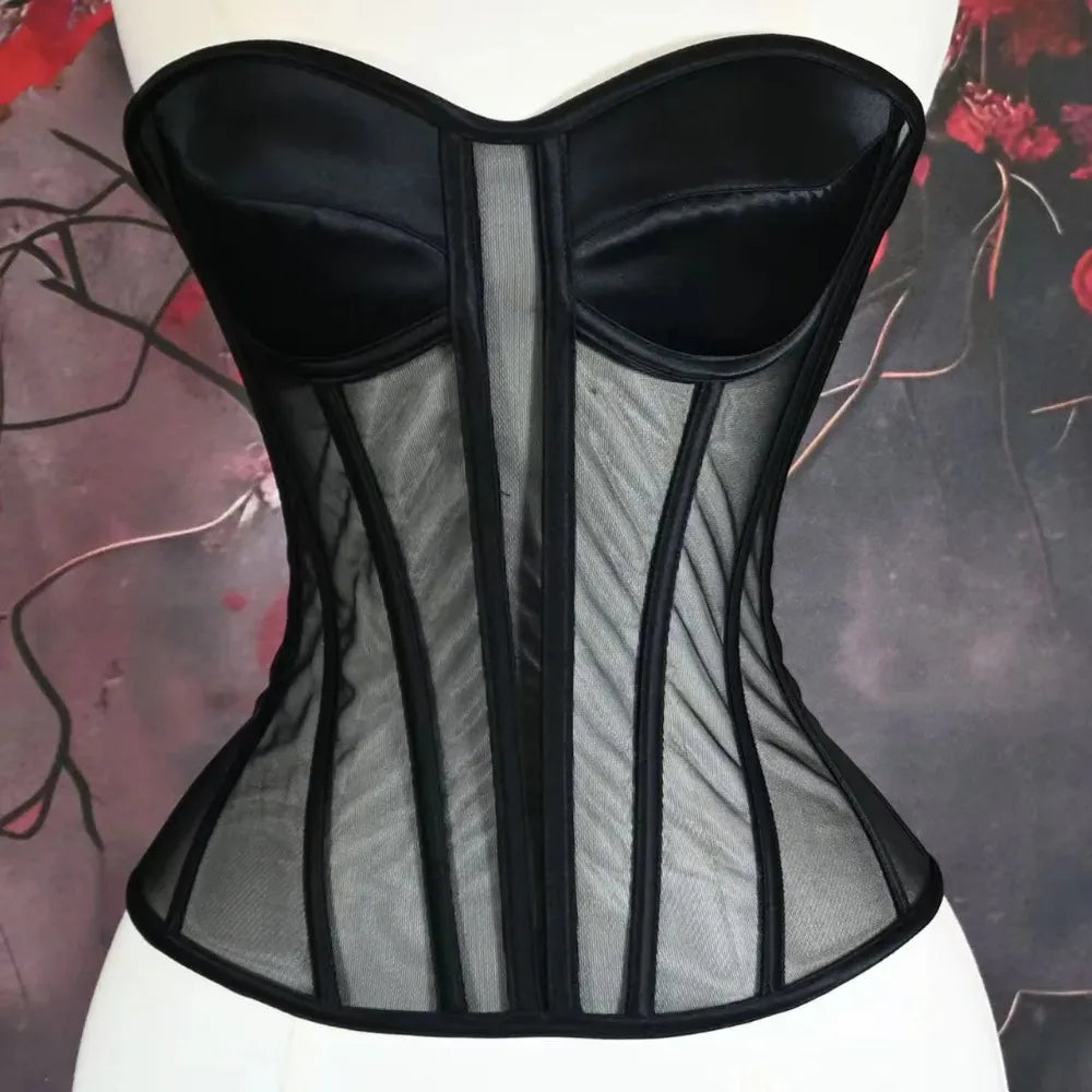 Women Corset Bustier With Bra Transparent Mesh Bodices For Wedding Body Shaper Slimm Waist Lace Up Boned Strapless Tube Tops