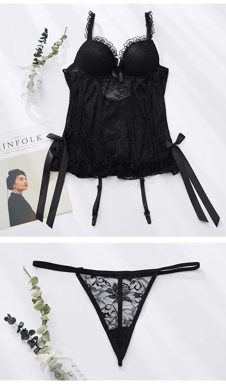 Meet'r Women Sexy Lace Corset Elasticity Temptation Body Bustier Underwear Push Up Slim Garter Belts Suit Breathable Lingerie