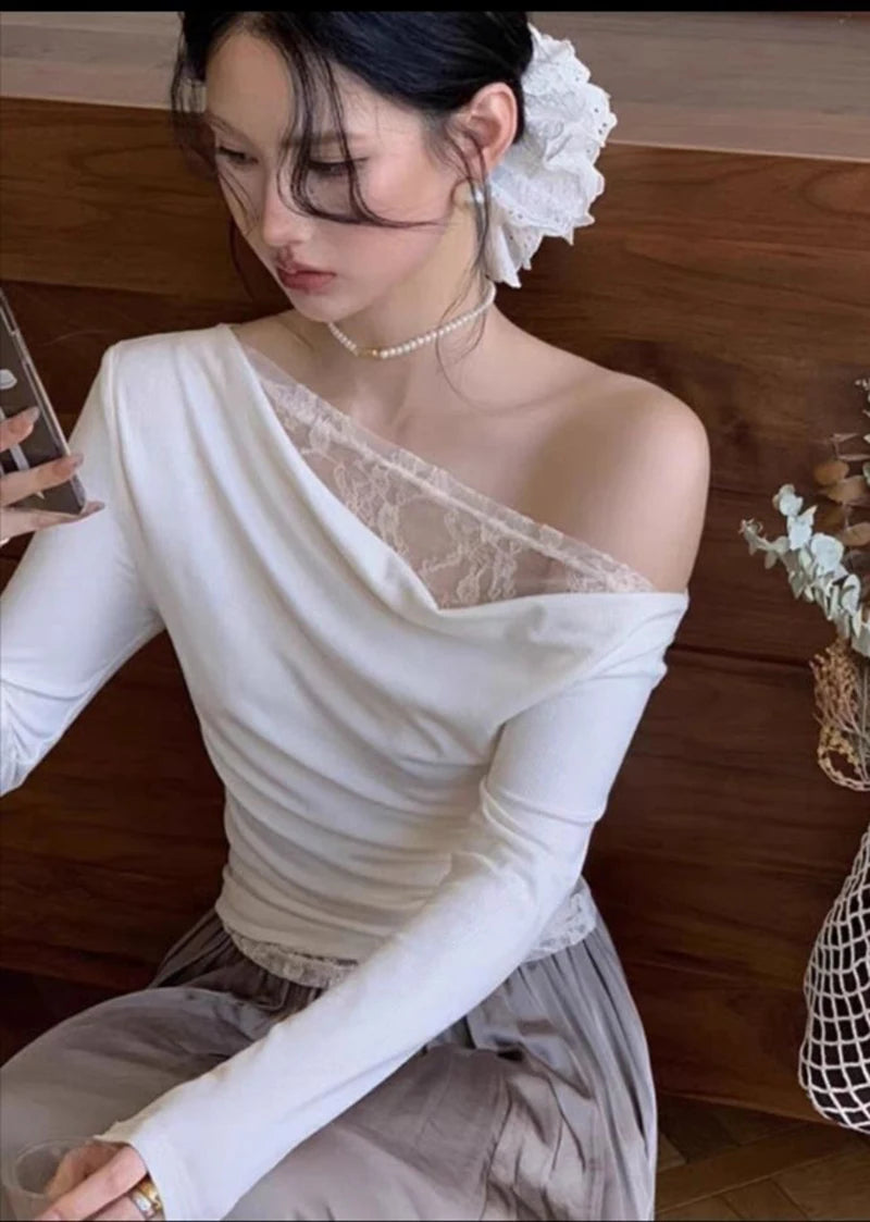 Lace Patchwork Sexy Slash Neck Blouse Slim Solid Long Sleeve Chic Shirt Chic Harajuku Elegant Commuter Office Lady Tops