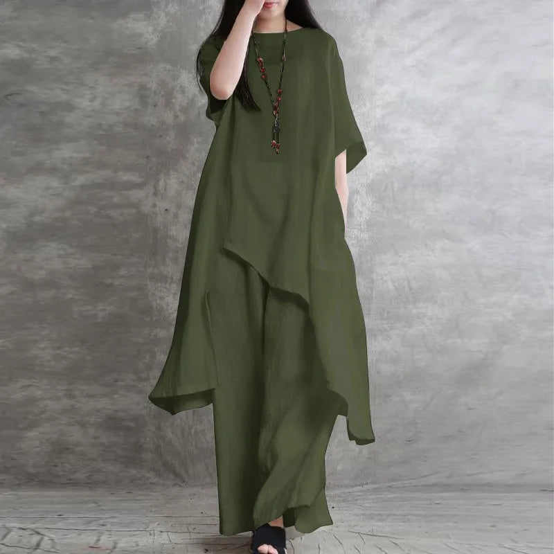 Loose Casual Cotton Linen Two Piece Set Fashion Round Neck Irregular Half Sleeved Extended Top Elastic Waist Wide Leg Pants Set