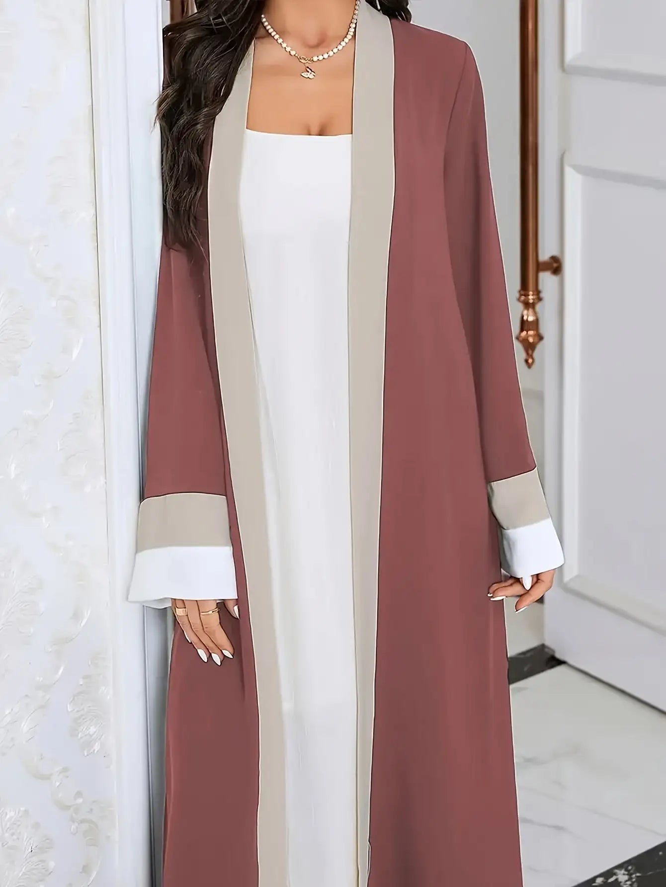 2026 Women's Casual Ramadan Open Front Long Sleeve Dress, Elegant Color Contrasting Slim Fit Extra Long Dress, Women's Wear  1