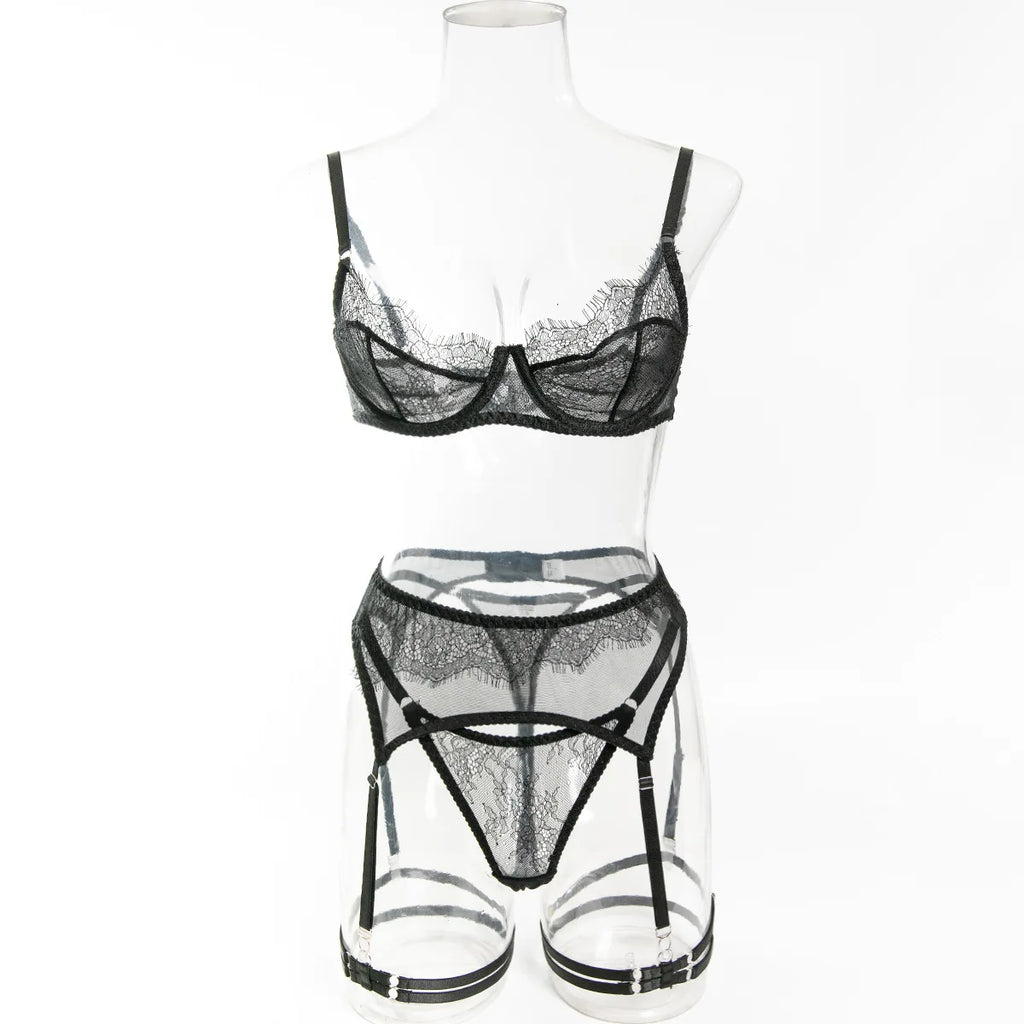 Ellolace Fancy Lingeries Sexy Hot Elegant Bra 3PC Set with Leg Circles Sissy Solid Color Intimate Eyelash Lace Patchwork Costume