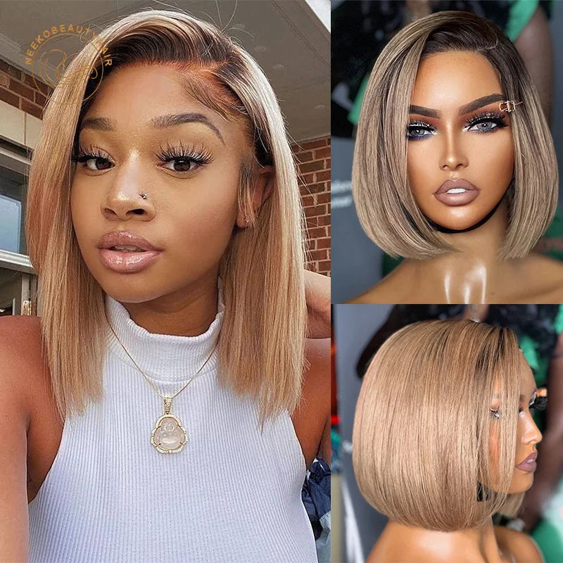 Ash Blonde Ombre Lace Front Wig Honey Blonde Transparent Lace Frontal Wig Ombre Blonde Colored Human Hair Bob Wis With Dark Root