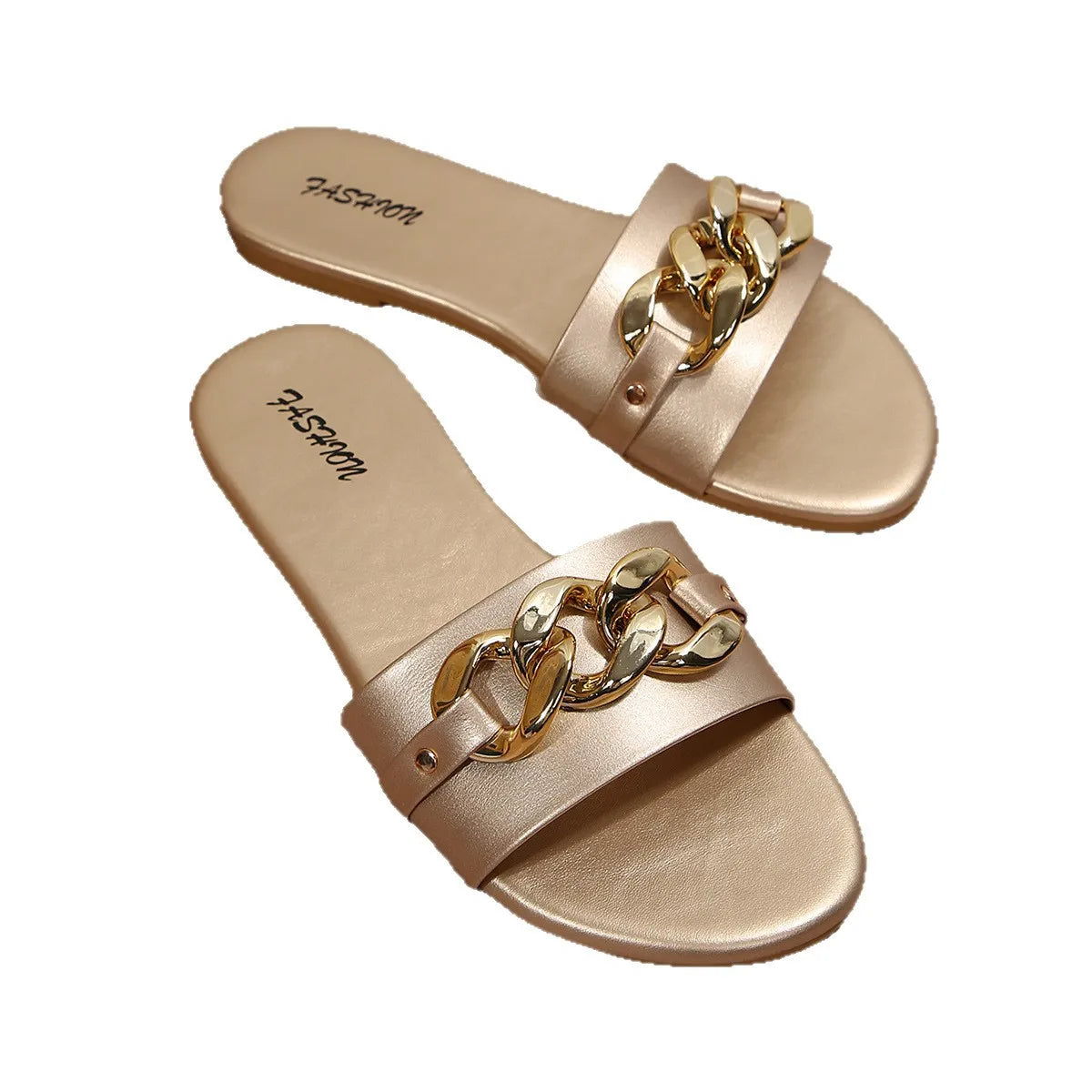 Women's Slippers with Chain Buckle, Flat-Soled Home Slippers, New Summer Style, Casual and Comfortable Women's Slippers, Round-Toe Slip-On, Vacation Style, Fashionable, Simple and Elegant Women's Sandals
