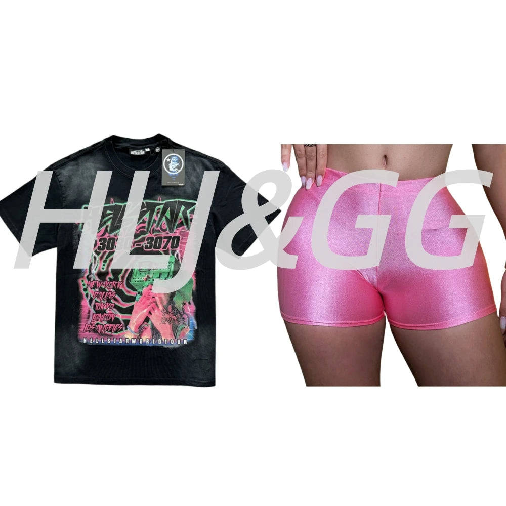 HLJ&GG American Retro Fashion Letter Print Loose Tshirts Two Piece Sets Women O Neck Short Sleeve Top+Shorts Outfits Streetwear