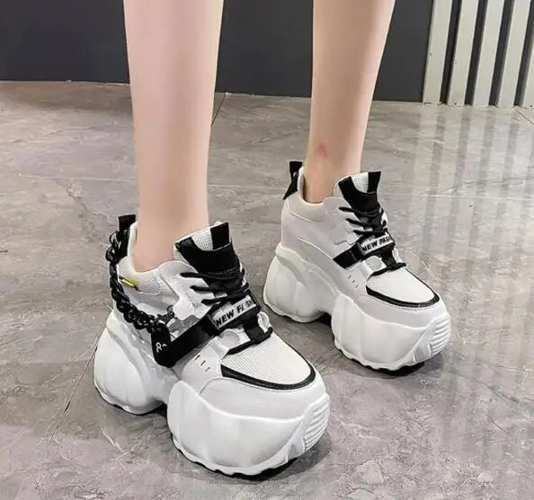 NEW Breathable Mesh 10CM Chunky Sneakers for Women Non Slip High Platform Sports Dad Shoes Woman Lace Up Thick Sole Casual Shoes