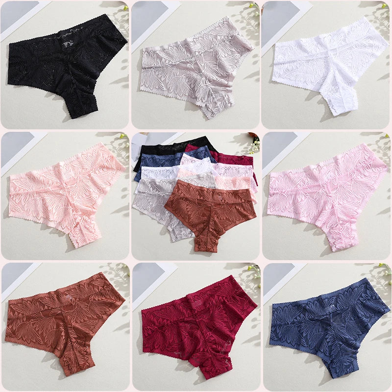 6pcs Women's Sexy Lace Panties Seamless High Waist Transparent Briefs Solid Color Hollow Breathable Female Underwear Large size