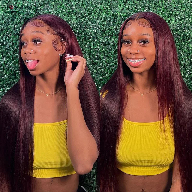 99J Red Colored Lace Front Human Hair Wigs Silky Straight 13X4 13X6 Burgundy Hd Transparent Pre Plucked Lace Frontal Wigs 180%