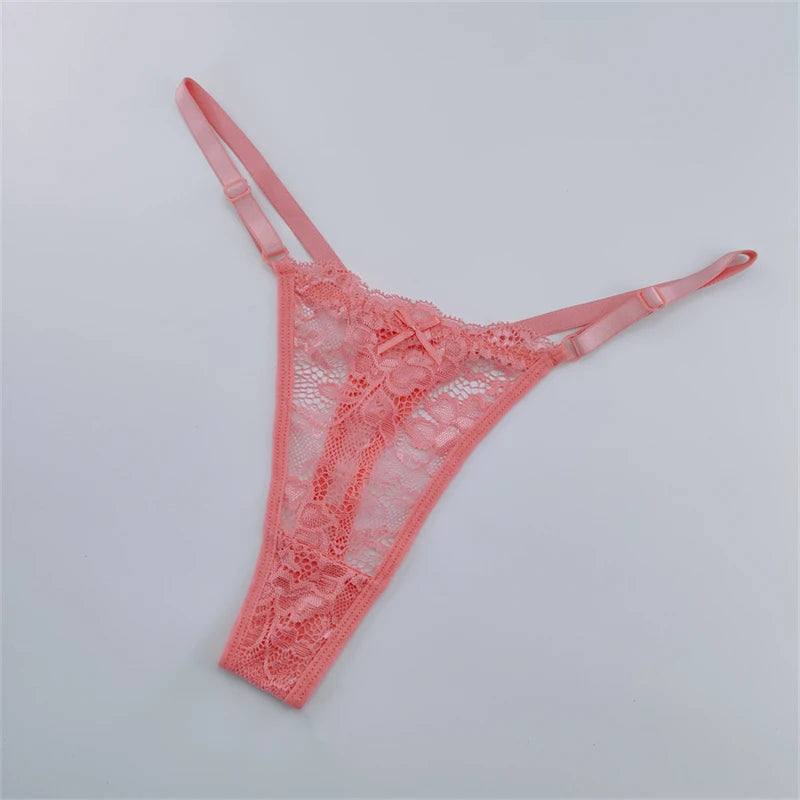 Solid Floral Lace Sexy Panties Ladies Low Waist Bow T-back Thong Adjustable Thin Belt Underwear Hollow See-through Lingerie 3PCS