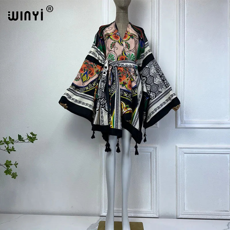 WINYI summer 2024 print Middle east kimono beach cover up dress elegant African women Cardigan Holiday maxi abaya فساتين طويلة
