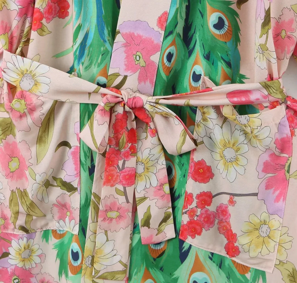 Happie Queens Women Peacock Floral Print Bat Sleeve Beach Bohemian Kimono Robe Ladies V Neck Summer Bikini Boho Cover-ups
