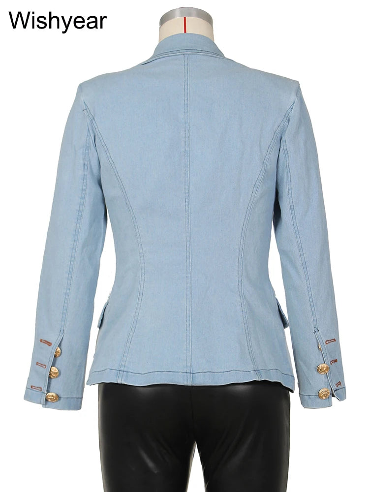 Fashion Notched Collar Long Sleeve Double Breasted Denim Coats for Women Slim Jeans Jacket Casual Streetwear Female Blazer Tops