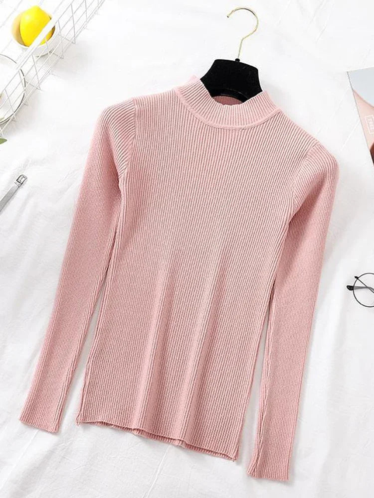Autumn Winter Women Pullover Sweater Fashion Half Turtleneck Knitted Female Jumper Long Sleeve Winter Soft Elastic Tops