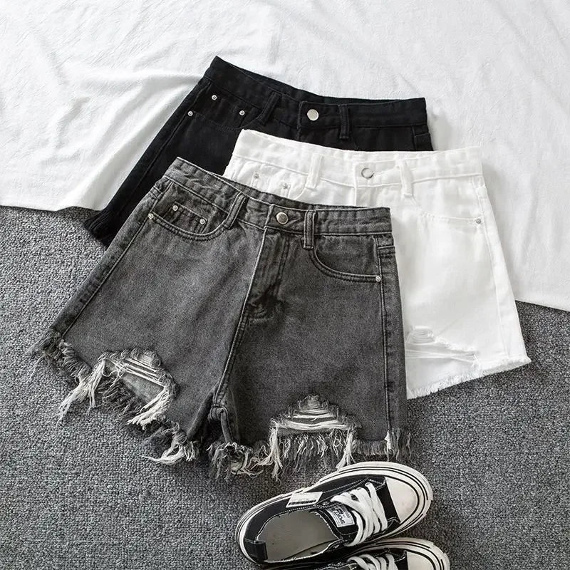 Denim Shorts Women High Waist Slender Korean Fashion Summer Frayed Buttons Zipper Tassel Loose Solid All-match Streetwear Chic