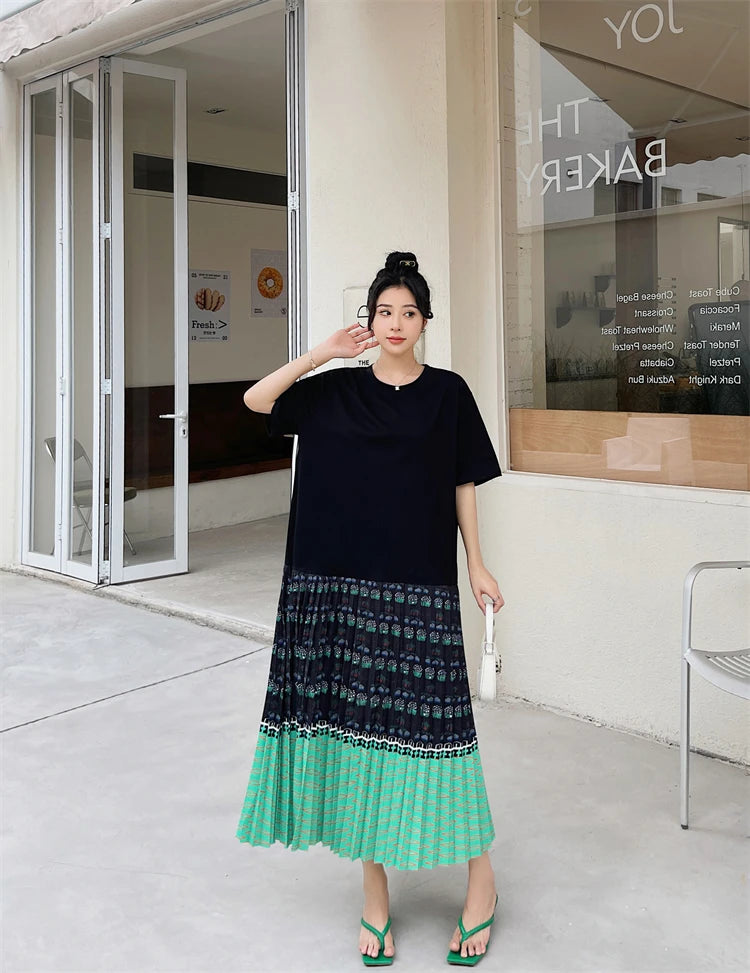 NYFS 2026 Summer New Korean Woman Dress Vestidos Robe Elbise Loose Plus Size Short Sleeve Patchwork Two Fake Pieces Long Dresses
