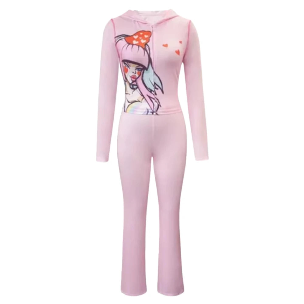 HLJ Y2K Trend Fashion Pattern Print Hooded Two Piece Sets Women Zip Long Sleeve Slim Crop Top + Skinny Pants Outfits Streetwear