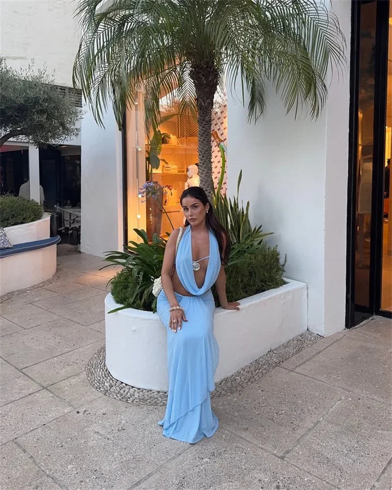 Sexy Dress Set Women Halter Crop Top And Maxi Skirt Matching Sets Female Elegant Beach Club Party Skirt Two Piece Set