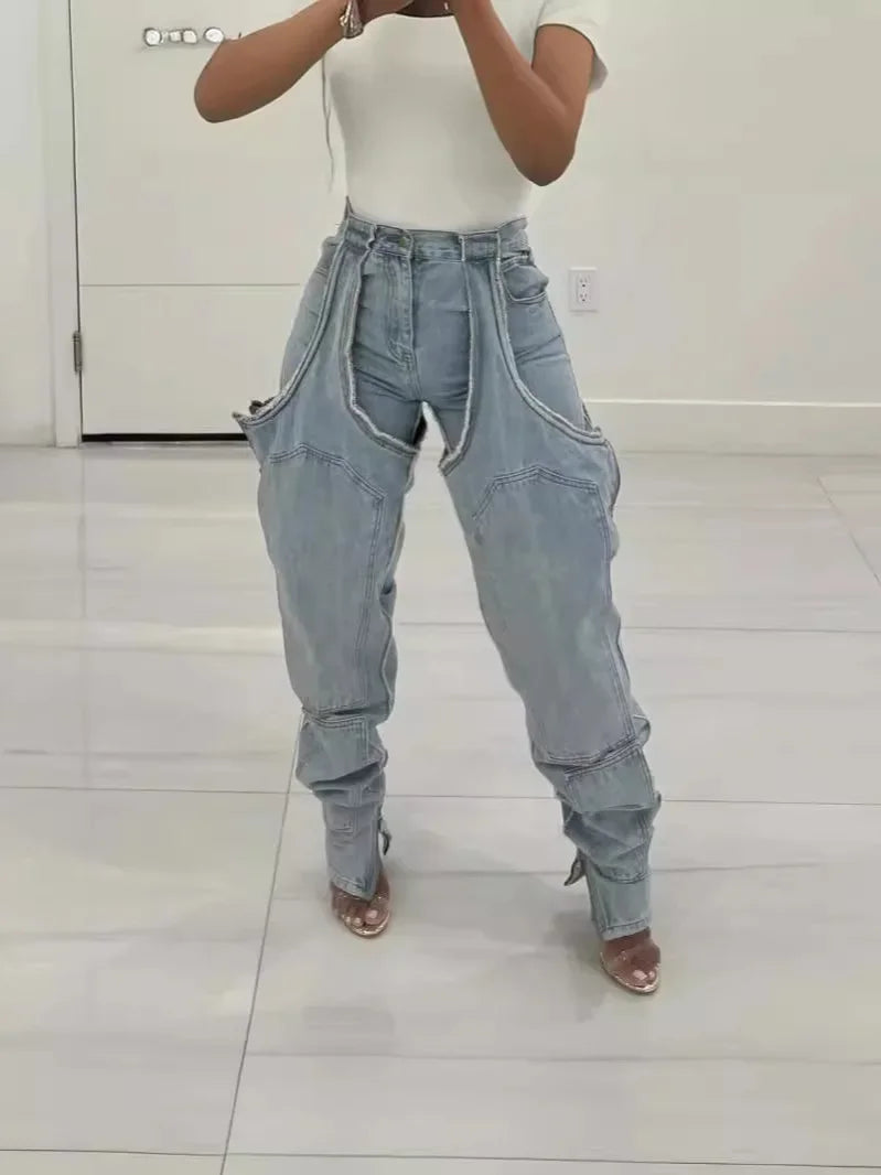 Jeans Women Straight Pants Hollow Out Zipper High Strecth Pockets Irregular Denims Vintage Distressed Streetwear 2025 Trousers