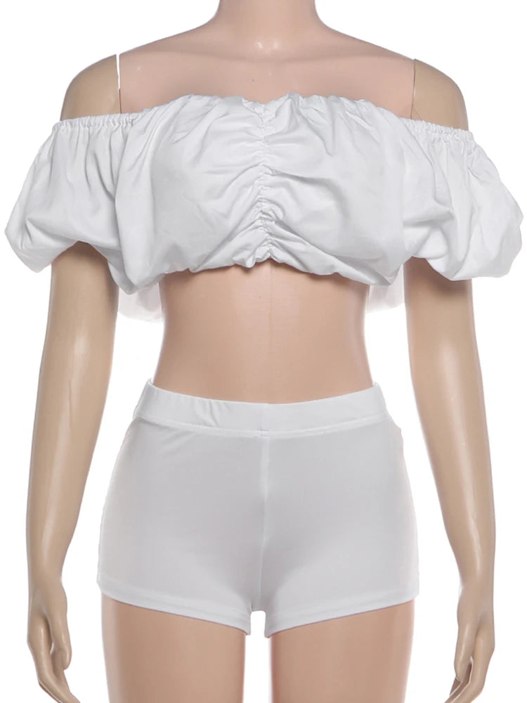 Kliou Sexy Fashion 2 Piece Set Woman Slash Neck Backless Puffy Crop Tops+Skinny Wrap Hip Mini Shorts High Street Style Outfits
