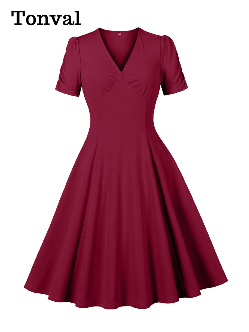 Tonval V-Neck Ruched Sleeve Green Plain Vintage Women Midi Dresses 2026 Summer Retro Prom Party Wear Pockets Side Swing Dress
