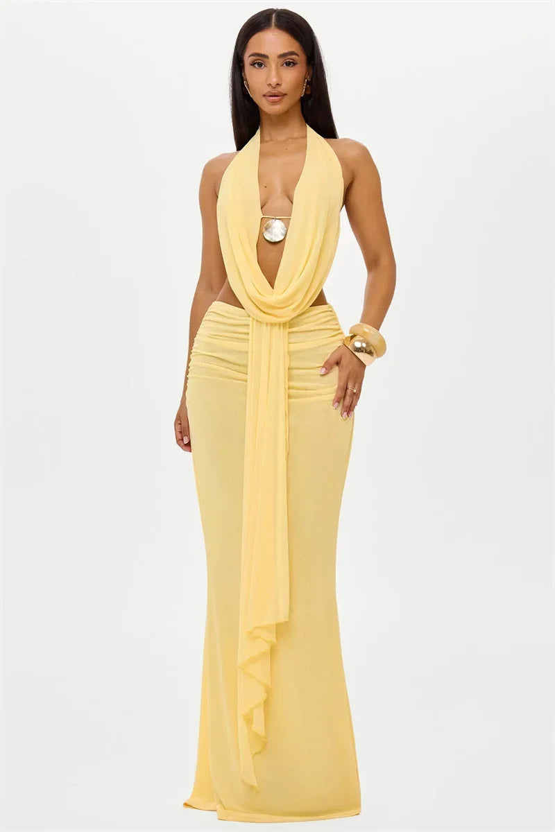 Sexy Dress Set Women Halter Crop Top And Maxi Skirt Matching Sets Female Elegant Beach Club Party Skirt Two Piece Set