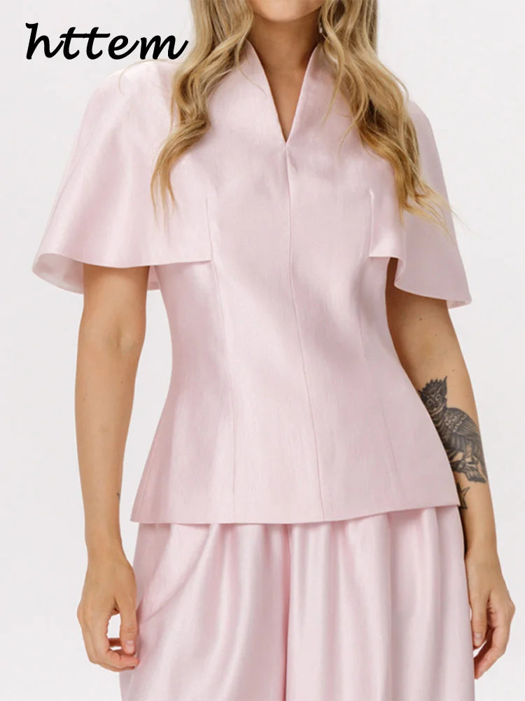 Casual Summer Women's Suit Solid Patchwork Top Long Pants Sets V-neck Short Sleeve Tops Loose Lantern Pant 2026 Lady Chic Suits