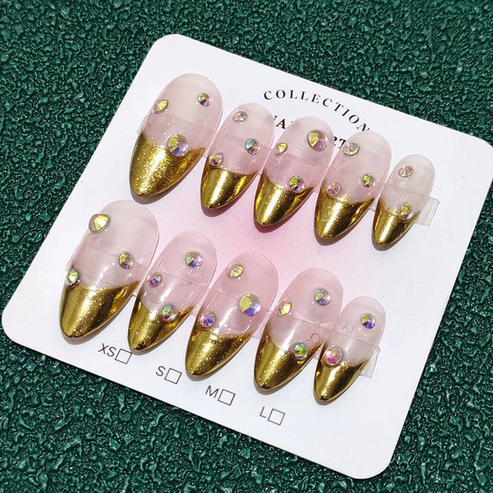 10Pcs Sweet Lovely Handmade Long Coffin Wearable Fake Nail Kawaii Girlish Heart Cartoon Pink Pearl Bow Diamond False Nail Gift