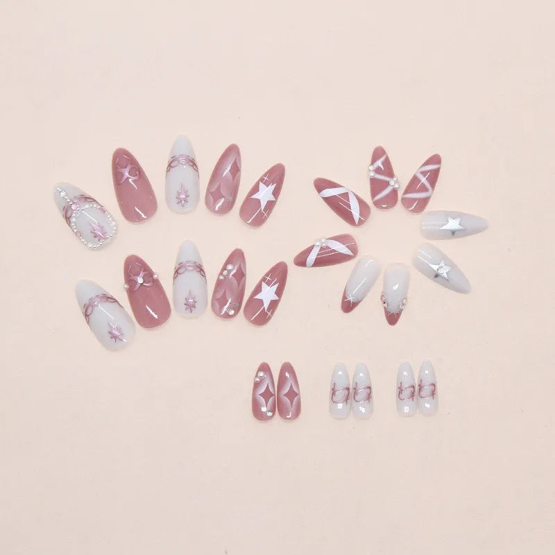24Pcs Pearl Stars Bowknot Press on Nails French Almond Acrylic False Nails Cute Sweet Pink Fake Nails Cat Eye Glitter Nail Art
