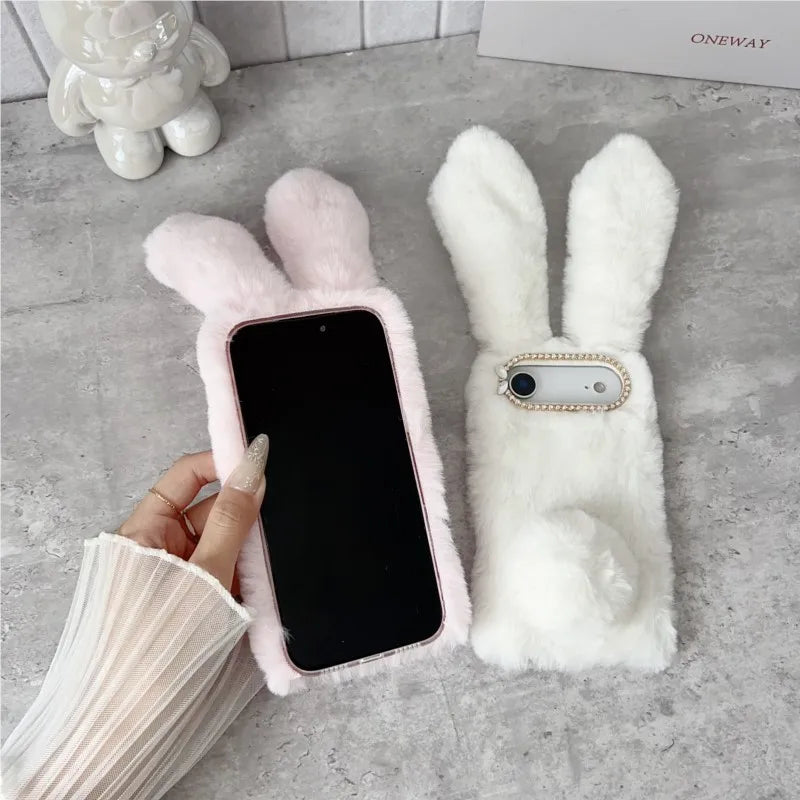 3D Cute Rabbit Ears Fur Plush Phone Case For iPhone 17 Pro Max 16 15 14 13 12 11Pro max Plus mini 17Air Furry Bunny Warm Cover