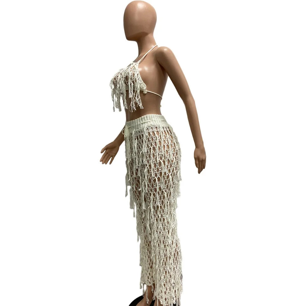 FAGADOER Sexy Hollow Out Tassels Pants Two Piece Sets Women Halter Sleeveless Backless Crop Top + Pants Outfit Female Streetwear