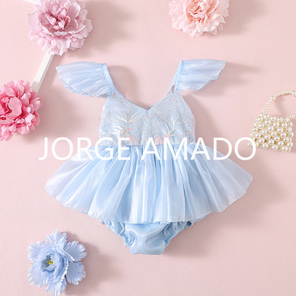 New Summer Bodysuit for Baby Girl Square Collar Sequined Large Bow Sleeveless Princess Jumpsuit Newborn Sweet Romper H1518