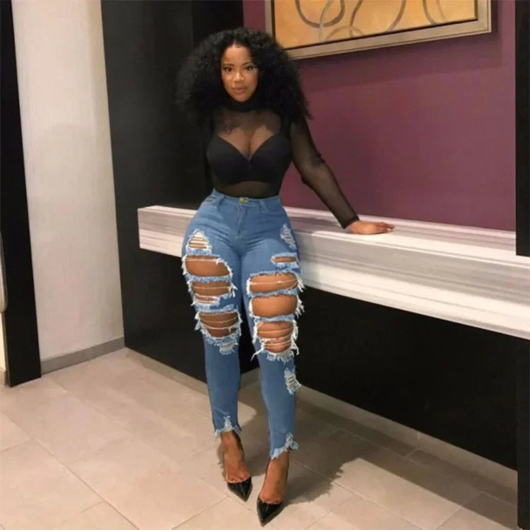 Hole Jeans Women Denim Pencil Pants Streetwear Washed Skinny Stretch High Waist Distressed Ripped Ankle Length Trousers 2025
