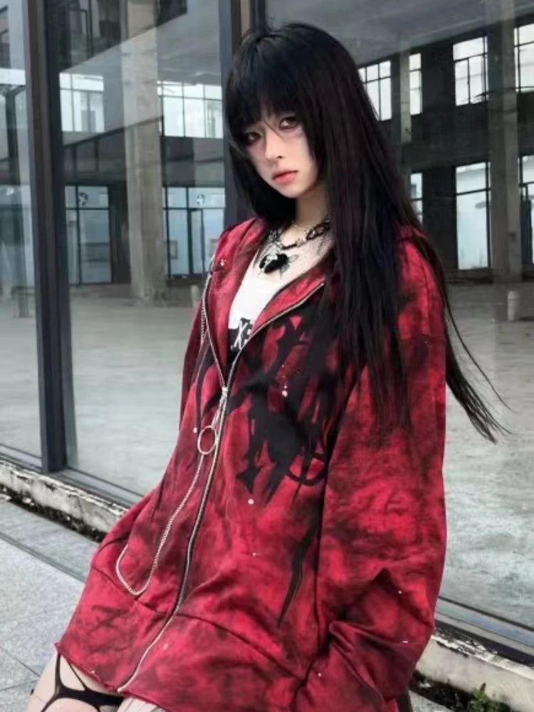 2025 Y2k Aesthetic Printing Punk Hoodies Women Grunge Loose Pocket Oversized Hooded Hoody Harajuku Streetwear Zipper Sweatshirts