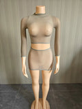Crop Top and Skirt Set Outfits for Women Trending Spring Summer Clubwear Sexy Sheer Mesh Long Sleeve Mini Skirts Two Piece Sets
