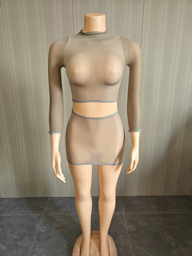 Crop Top and Skirt Set Outfits for Women Trending Spring Summer Clubwear Sexy Sheer Mesh Long Sleeve Mini Skirts Two Piece Sets