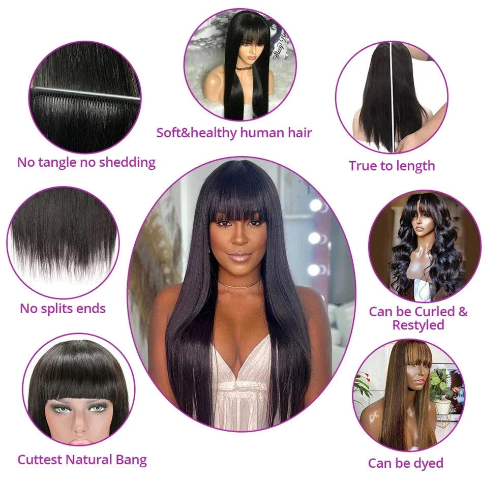 Human Hair Wigs with Bangs 32 Inches Full Machine Made Hair Wig Bone Straight 200 Density Glueless Wig Human Hair Non Lace Wig