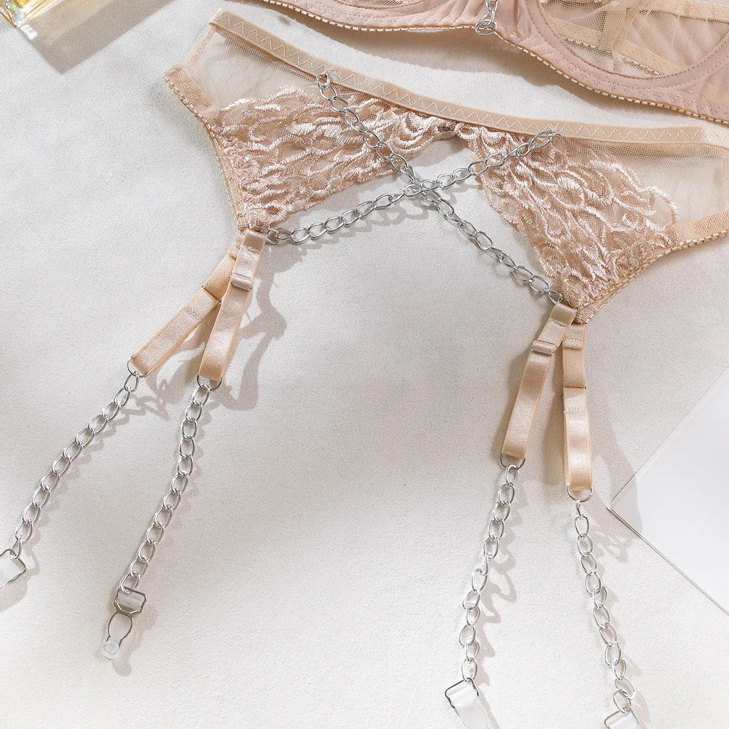 SINGREINY Embroidery Transparent Lingerie Suit Ladies Floral Shapewear Porno American Style Chain Design Sheer Erotic Underwear